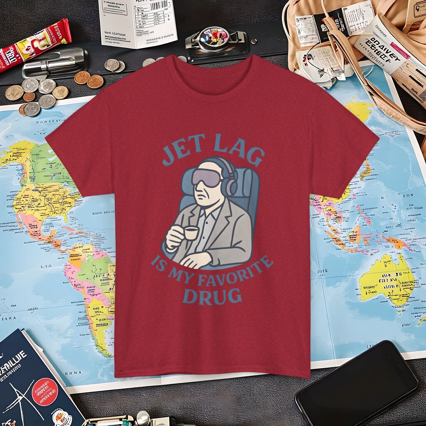 Jet Lag Is My Favorite Drug – Vintage Espresso & Travel Vibes Tee Air Travel T-Shirts | Jetsetter, Airport, and International Flight Tees