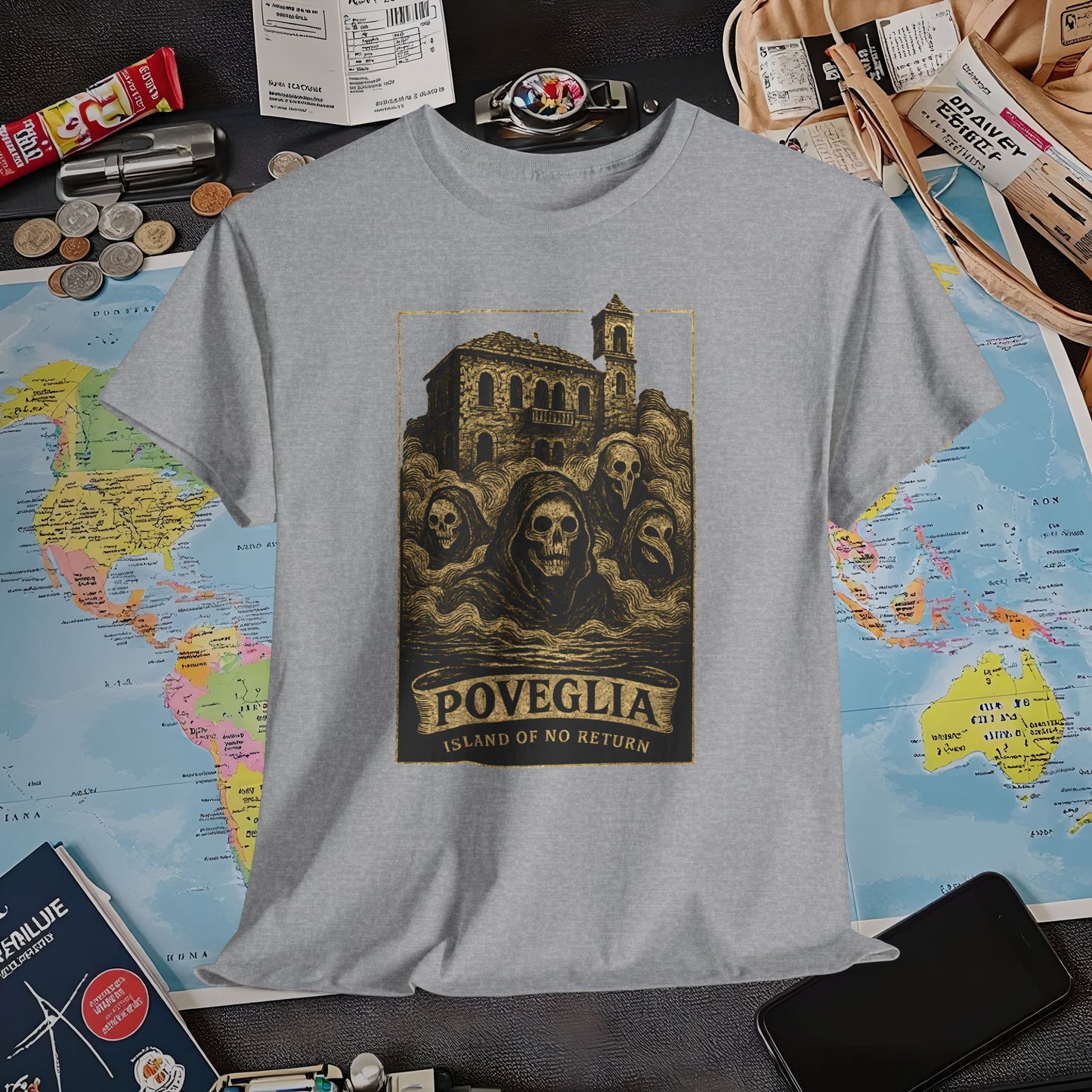 Poveglia Haunt – Ghostly Apparitions in Venetian Fog Tee – Haunted Italy Travel Shirt | Layover Club Air Travel T-Shirts | Jetsetter, Airport, and International Flight Tees
