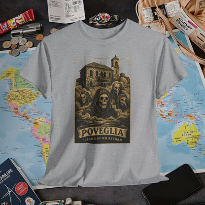 Poveglia Haunt – Ghostly Apparitions in Venetian Fog Tee – Haunted Italy Travel Shirt | Layover Club Air Travel T-Shirts | Jetsetter, Airport, and International Flight Tees
