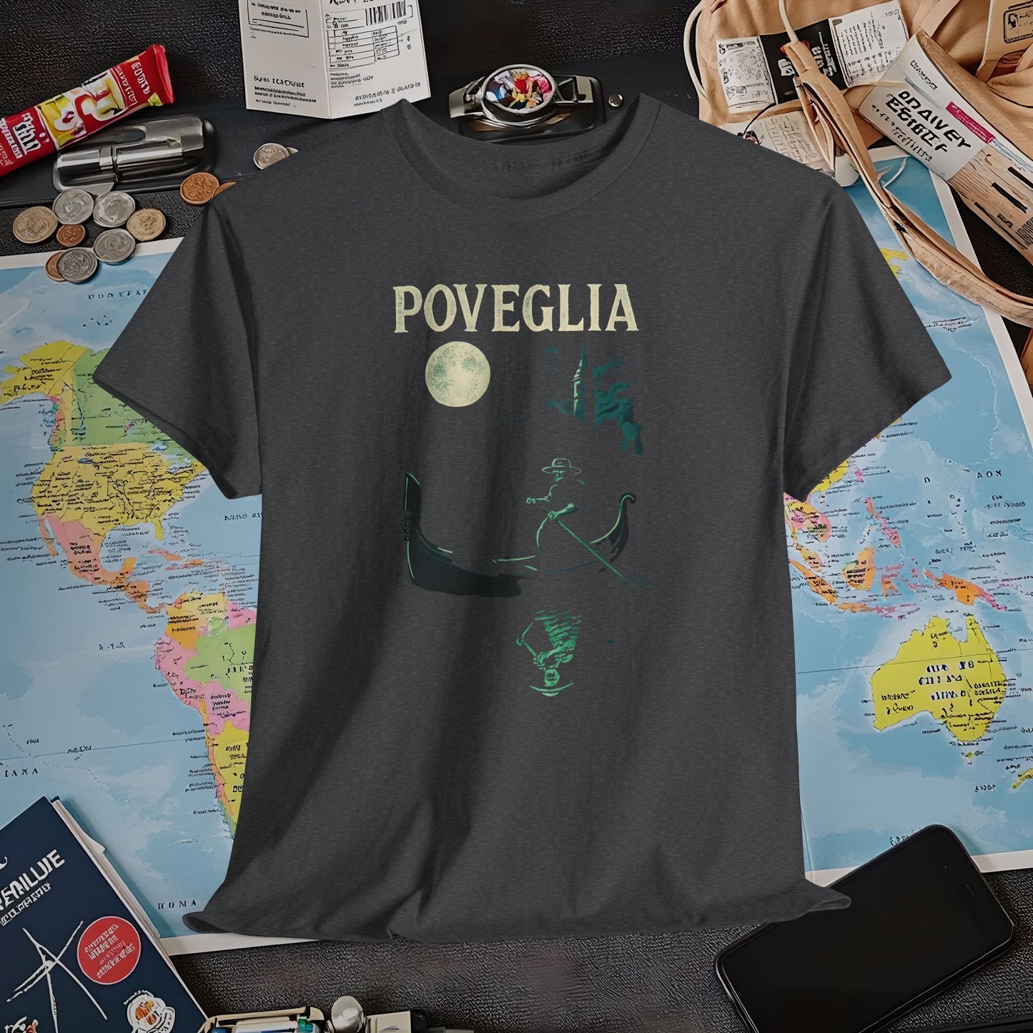 Phosphorescent Gondolier on Haunted Poveglia Tee – Ghostly Venice Dark Tourism Shirt | Layover Club Air Travel T-Shirts | Jetsetter, Airport, and International Flight Tees