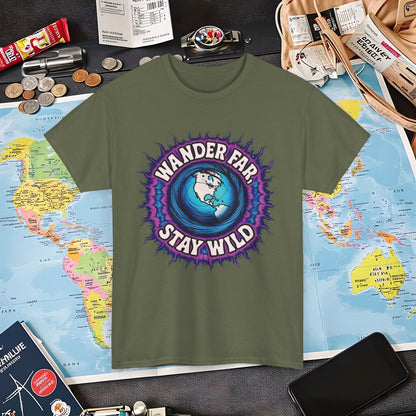 Wander Far, Stay Wild T-Shirt – Globe Burst Adventure Design Air Travel T-Shirts | Jetsetter, Airport, and International Flight Tees