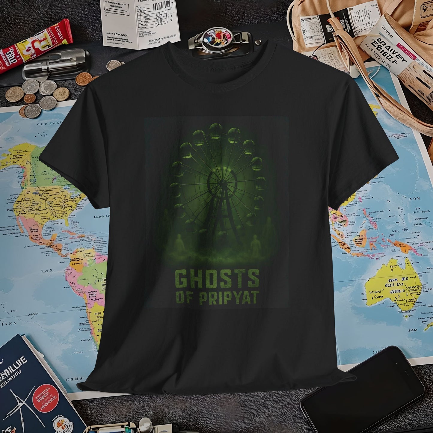 Neon Green Pripyat Ferris Wheel & Ghostly Silhouettes Tee – Chernobyl Dark Tourism Shirt | Layover Club Air Travel T-Shirts | Jetsetter, Airport, and International Flight Tees