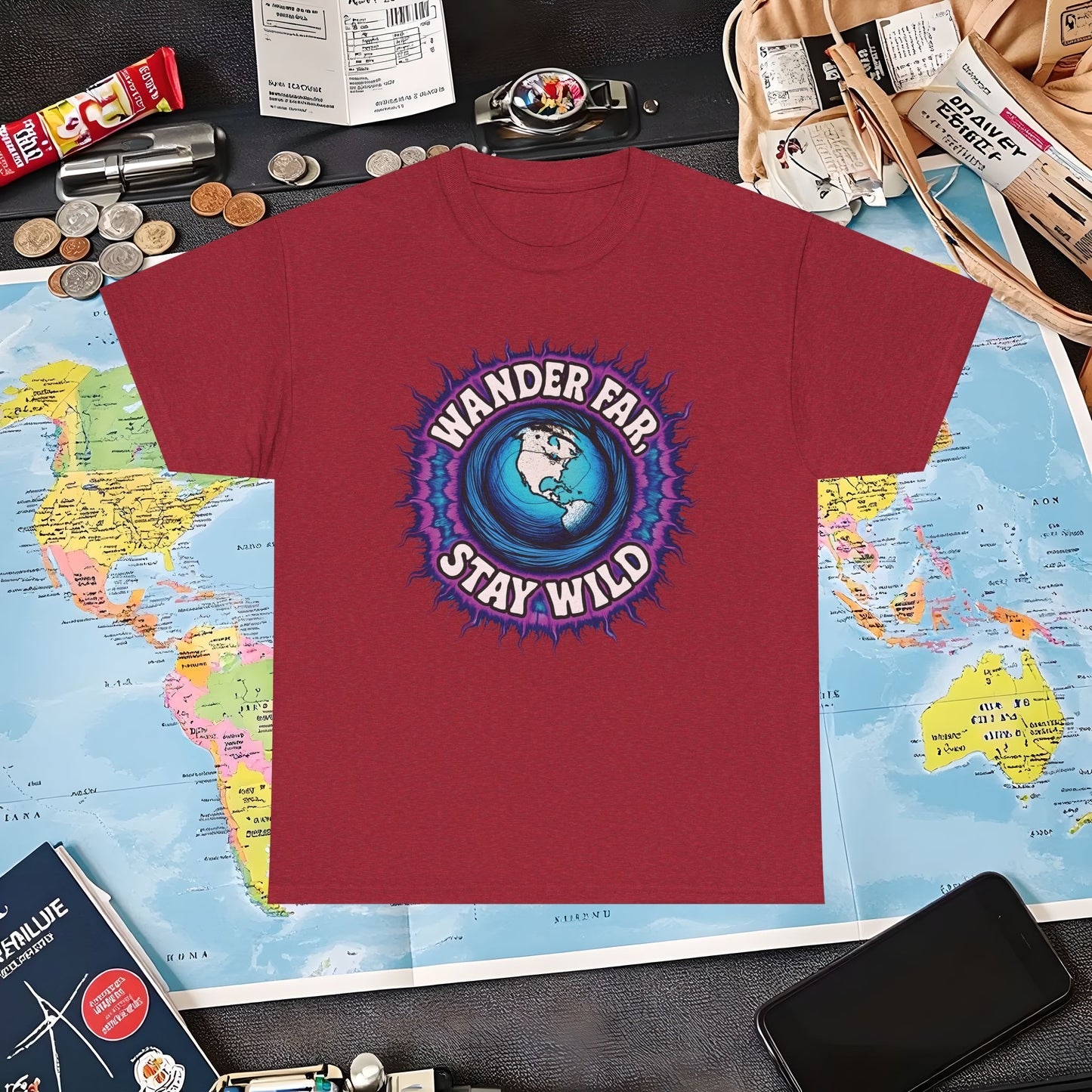 Wander Far, Stay Wild T-Shirt – Globe Burst Adventure Design Air Travel T-Shirts | Jetsetter, Airport, and International Flight Tees