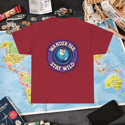 Wander Far, Stay Wild T-Shirt – Globe Burst Adventure Design Air Travel T-Shirts | Jetsetter, Airport, and International Flight Tees
