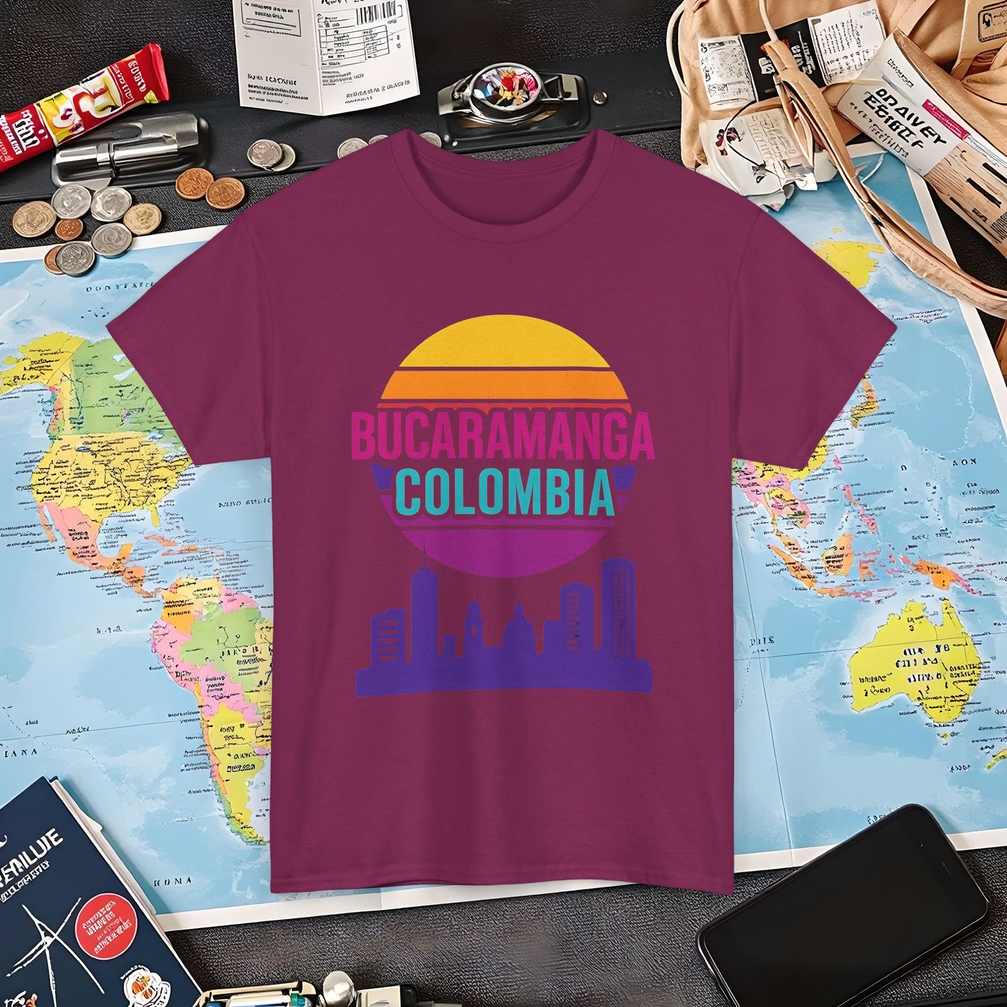 Retro Bucaramanga Skyline Sunset Tee – Vintage Colombia Travel Shirt| Layover Club Air Travel T-Shirts | Jetsetter, Airport, and International Flight Tees