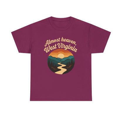 Almost Heaven, West Virginia T-Shirt – Vintage Appalachian Sunset with Winding River Road Trip & Vehicle Travel T-Shirts | Car, RV, and Motorcycle Adventure Tees