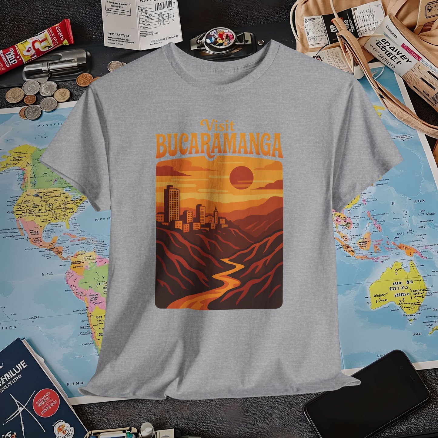 Retro Bucaramanga Skyline & Chicamocha Canyon Sunset – Vintage Colombia Travel Tee | Layover Club Air Travel T-Shirts | Jetsetter, Airport, and International Flight Tees