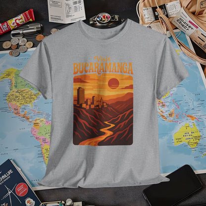 Retro Bucaramanga Skyline & Chicamocha Canyon Sunset – Vintage Colombia Travel Tee | Layover Club Air Travel T-Shirts | Jetsetter, Airport, and International Flight Tees