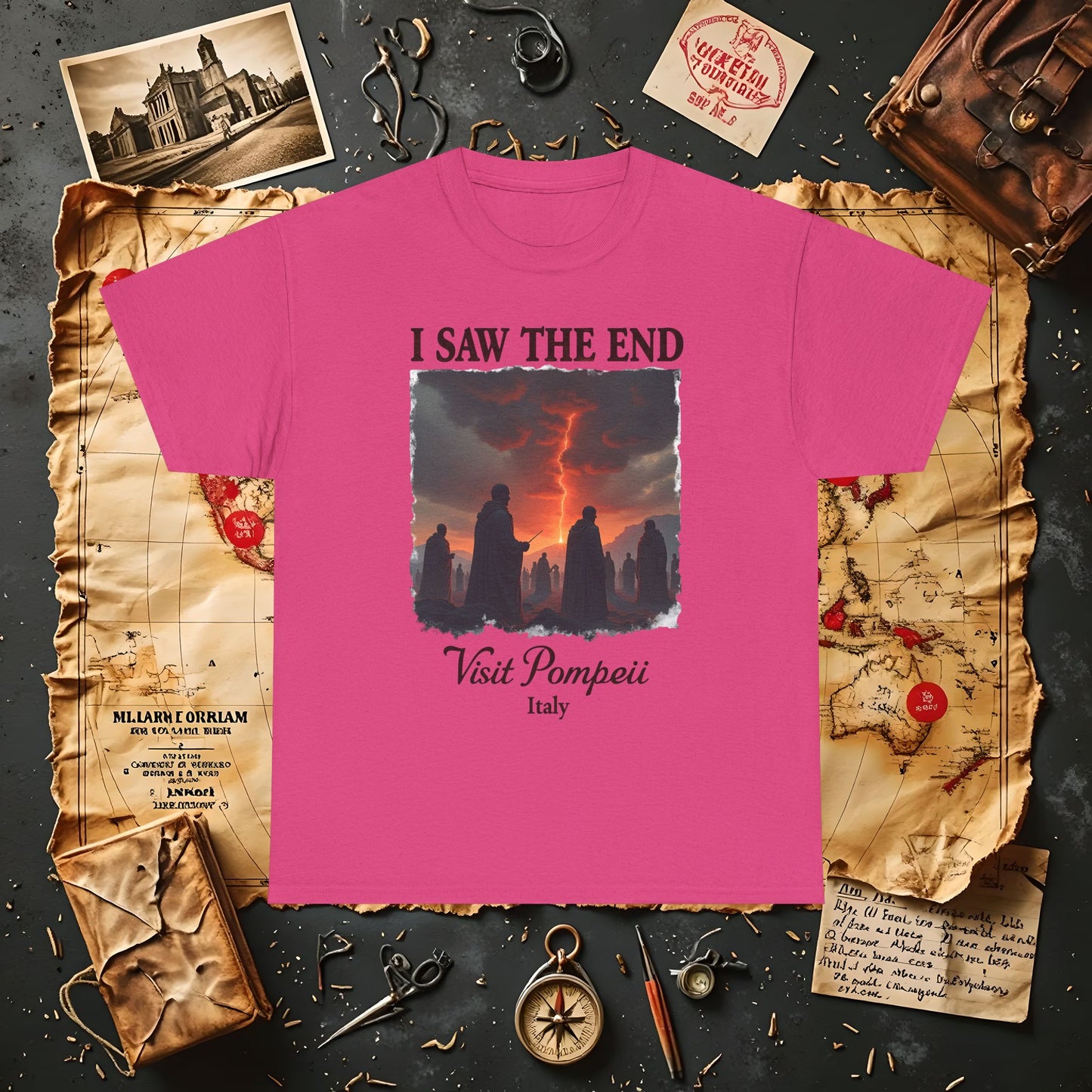 Pompeii Memories T-Shirt – Dark Tourism Shirt with Volcano Eruption Silhouette Art