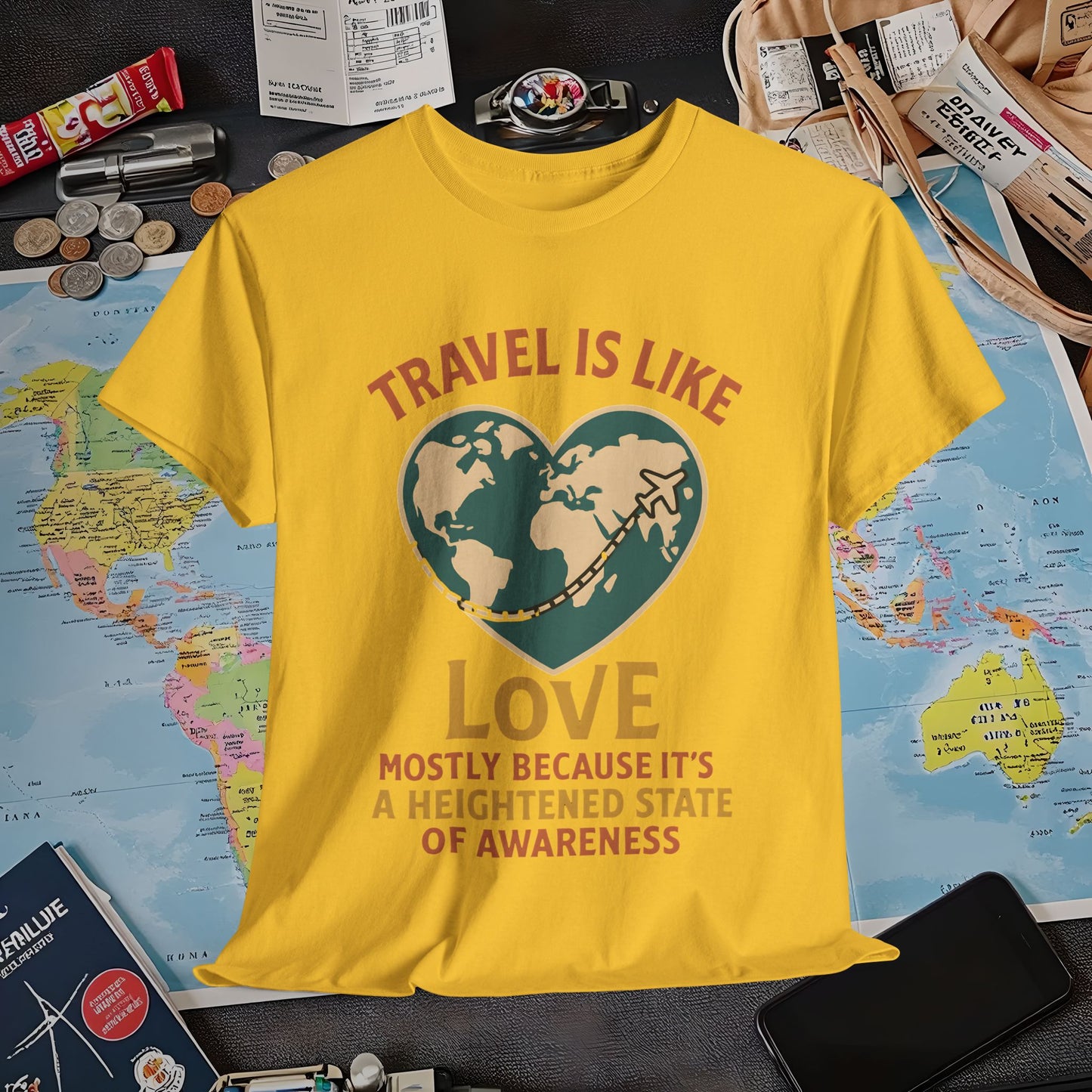 Travel Is Like Love – Heart Map Quote Tee with Airplane Path | Layover Club Air Travel T-Shirts | Jetsetter, Airport, and International Flight Tees