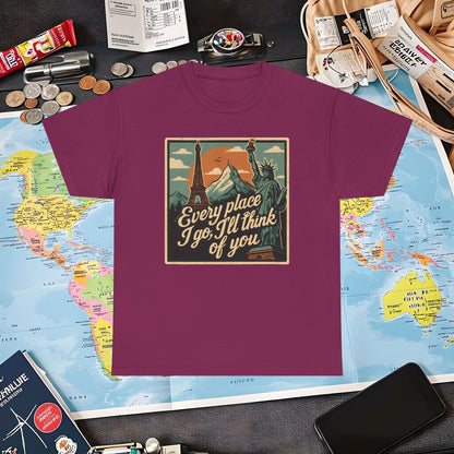 Every Place I Go, I’ll Think of You T-Shirt – Vintage Postcard Travel Collage with Iconic Landmarks Air Travel T-Shirts | Jetsetter, Airport, and International Flight Tees
