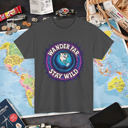 Wander Far, Stay Wild T-Shirt – Globe Burst Adventure Design Air Travel T-Shirts | Jetsetter, Airport, and International Flight Tees