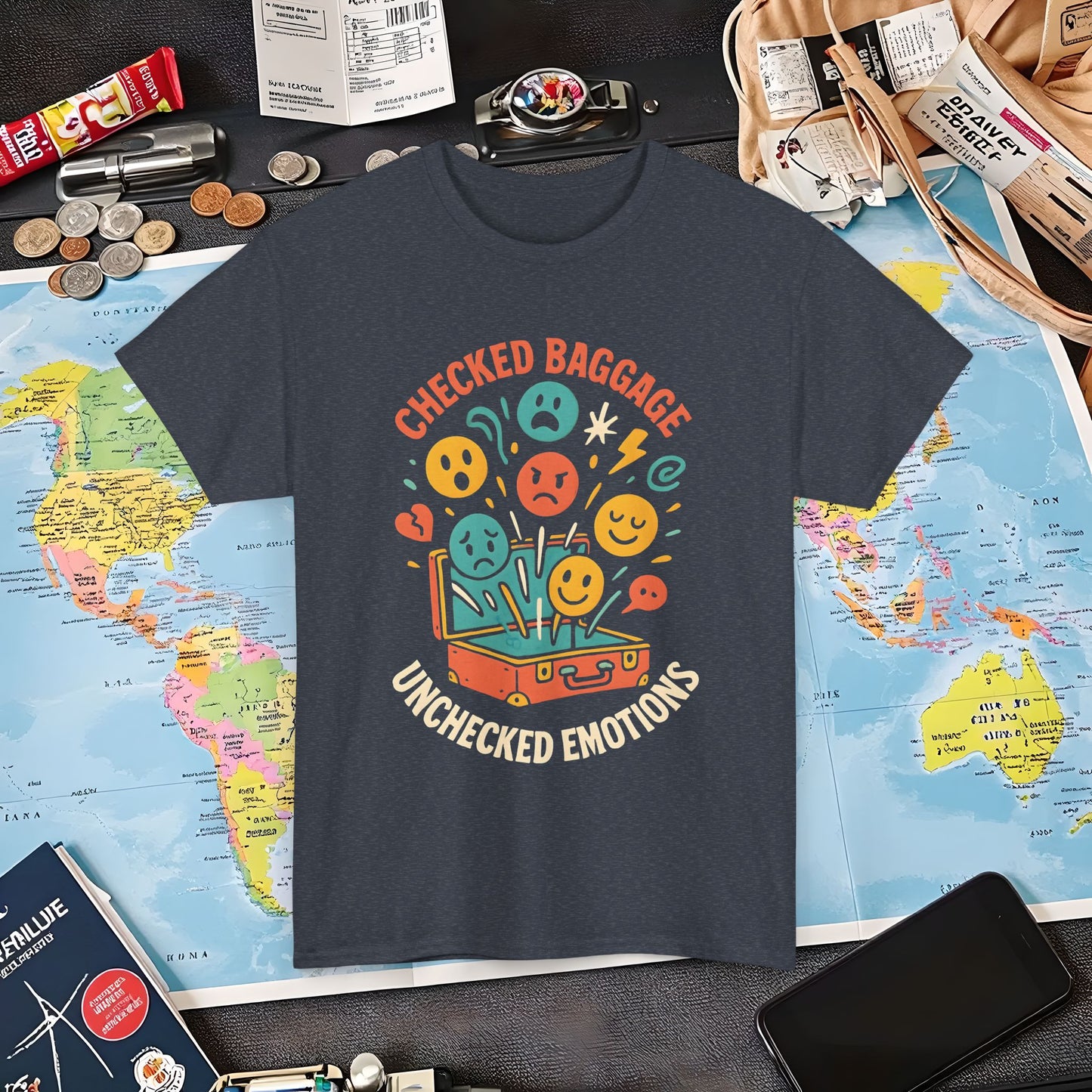 Checked Baggage Unchecked Emotions T-Shirt – Vintage Emoticons Luggage Travel Tee for Emotional Travelers Air Travel T-Shirts | Jetsetter, Airport, and International Flight Tees