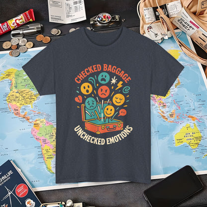 Checked Baggage Unchecked Emotions T-Shirt – Vintage Emoticons Luggage Travel Tee for Emotional Travelers Air Travel T-Shirts | Jetsetter, Airport, and International Flight Tees