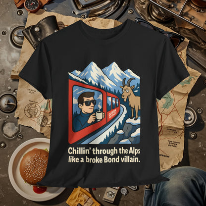 Glacier Express Chill Tee – Skeptical Goat in the Alps Vibe Road Trip & Vehicle Travel T-Shirts | Car, RV, and Motorcycle Adventure Tees