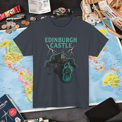 Ghostly Edinburgh Castle & Spectral Bagpiper Tee – Haunted Scotland Dark Tourism Shirt | Layover Club Air Travel T-Shirts | Jetsetter, Airport, and International Flight Tees