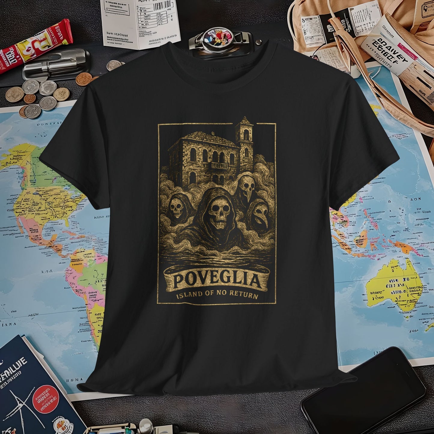 Poveglia Haunt – Ghostly Apparitions in Venetian Fog Tee – Haunted Italy Travel Shirt | Layover Club Air Travel T-Shirts | Jetsetter, Airport, and International Flight Tees