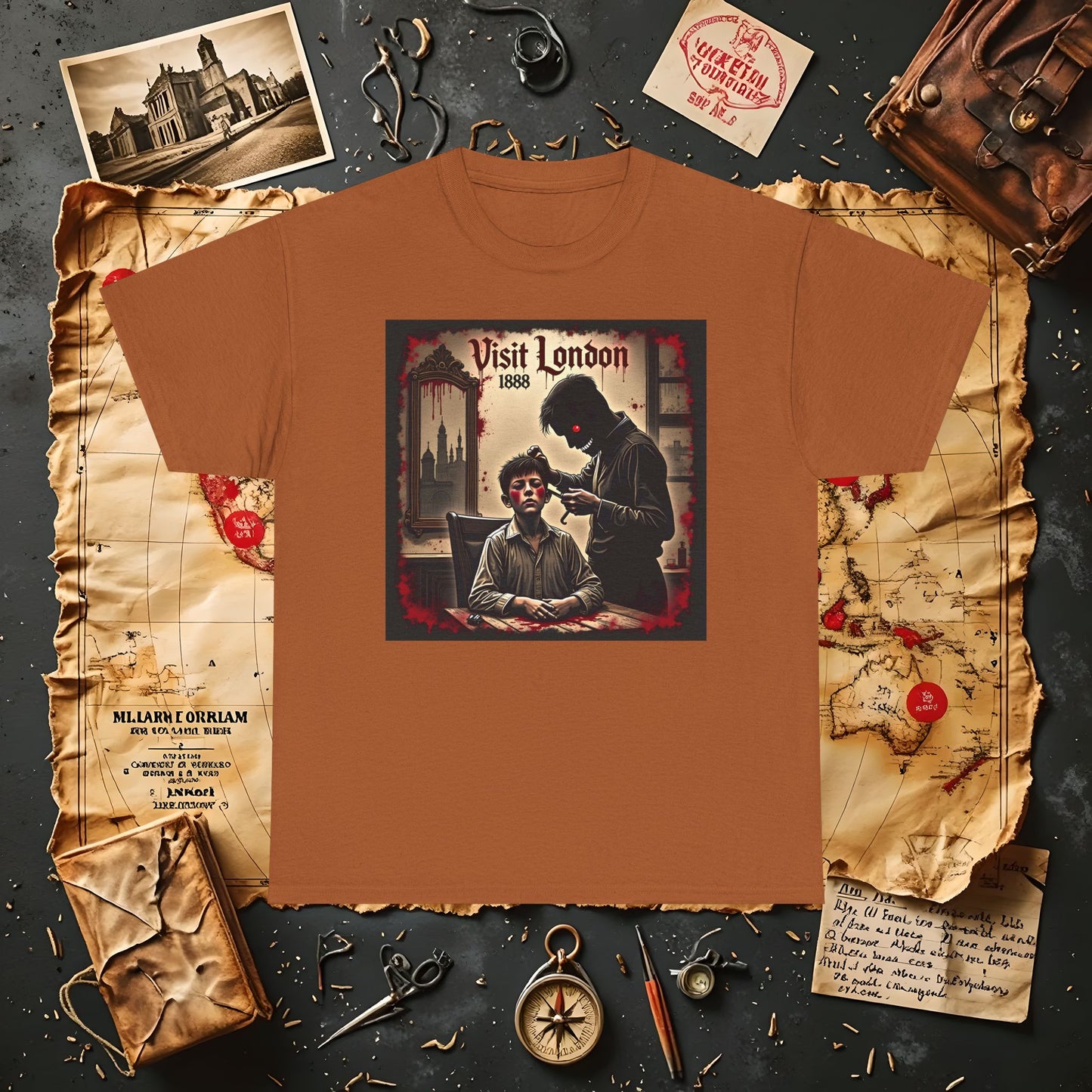Visit London 1888 T-Shirt – Victorian Horror with Jack the Ripper and Evil Barber Art