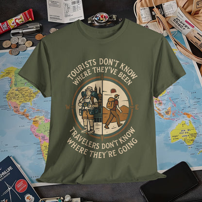 Tourists vs. Travelers – Vintage Compass Emblem Quote Tee | Layover Club Air Travel T-Shirts | Jetsetter, Airport, and International Flight Tees