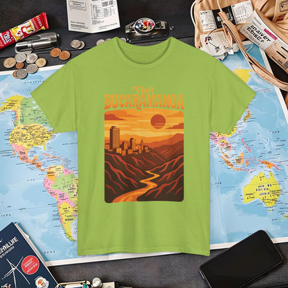 Retro Bucaramanga Skyline & Chicamocha Canyon Sunset – Vintage Colombia Travel Tee | Layover Club Air Travel T-Shirts | Jetsetter, Airport, and International Flight Tees