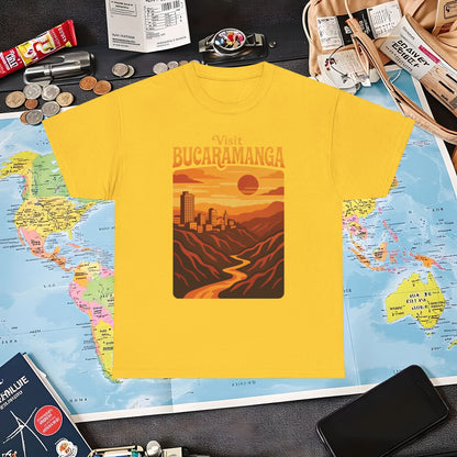 Retro Bucaramanga Skyline & Chicamocha Canyon Sunset – Vintage Colombia Travel Tee | Layover Club Air Travel T-Shirts | Jetsetter, Airport, and International Flight Tees