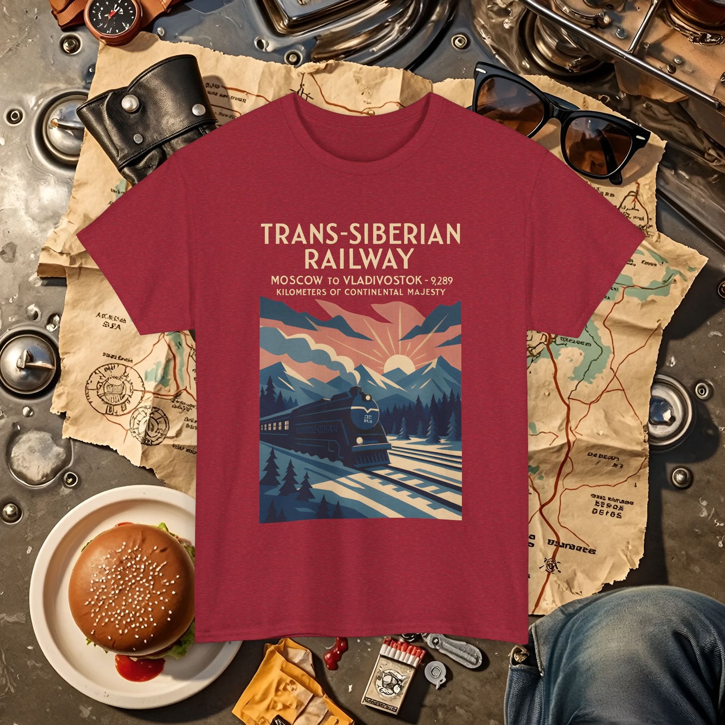Trans-Siberian Twilight – Art Deco Russian Train Journey Tee Road Trip & Vehicle Travel T-Shirts | Car, RV, and Motorcycle Adventure Tees