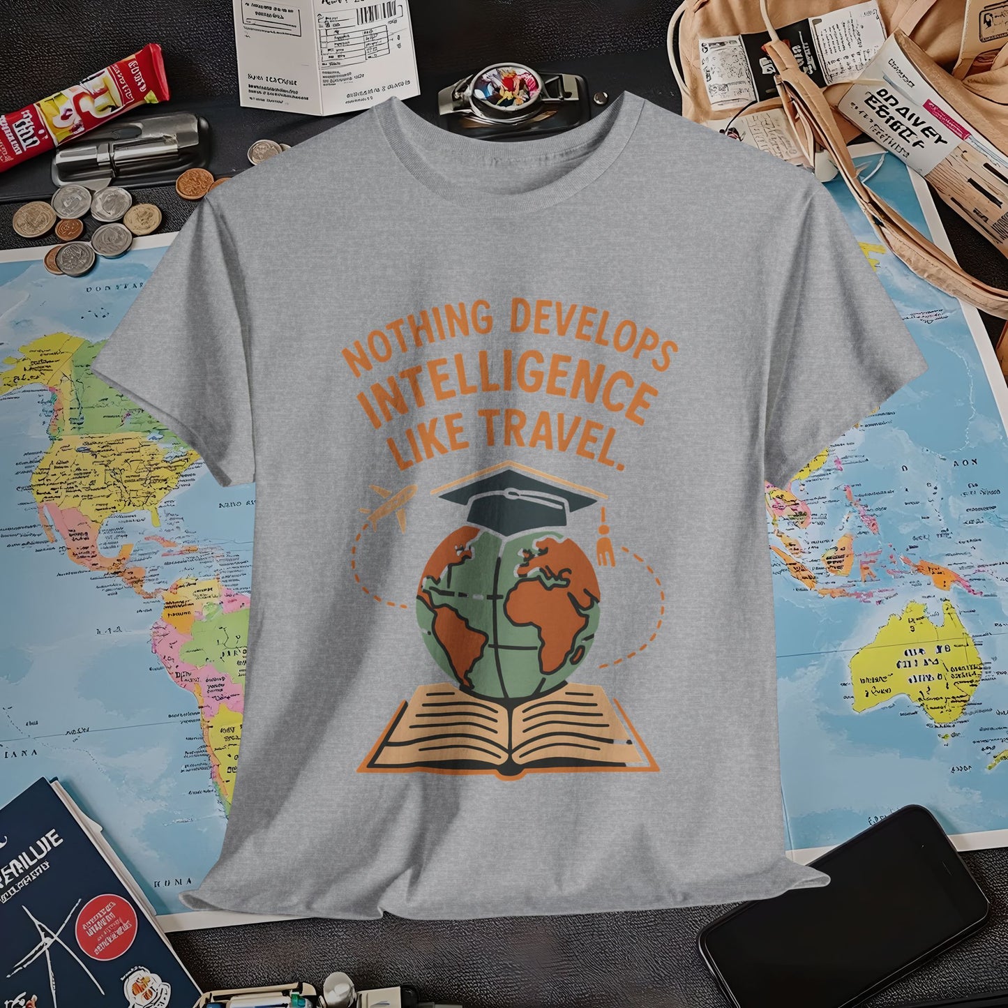 Nothing Develops Intelligence Like Travel – Globe Graduation Wisdom Tee | Layover Club Air Travel T-Shirts | Jetsetter, Airport, and International Flight Tees