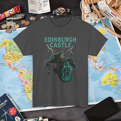 Ghostly Edinburgh Castle & Spectral Bagpiper Tee – Haunted Scotland Dark Tourism Shirt | Layover Club Air Travel T-Shirts | Jetsetter, Airport, and International Flight Tees