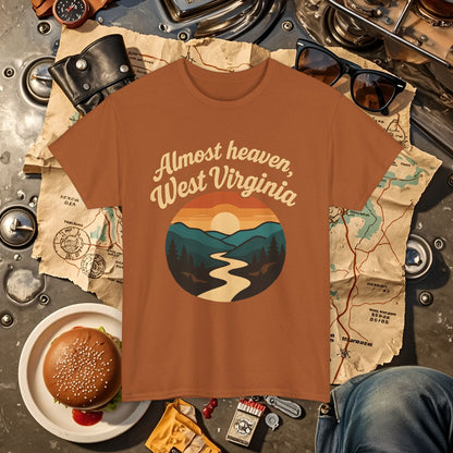 Almost Heaven, West Virginia T-Shirt – Vintage Appalachian Sunset with Winding River Road Trip & Vehicle Travel T-Shirts | Car, RV, and Motorcycle Adventure Tees