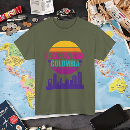 Retro Bucaramanga Skyline Sunset Tee – Vintage Colombia Travel Shirt| Layover Club Air Travel T-Shirts | Jetsetter, Airport, and International Flight Tees