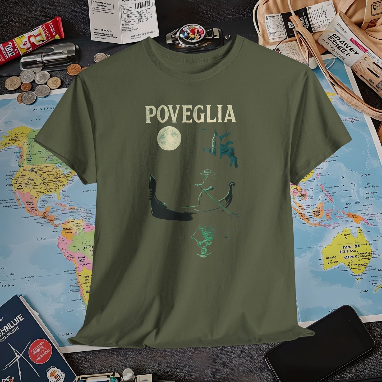 Phosphorescent Gondolier on Haunted Poveglia Tee – Ghostly Venice Dark Tourism Shirt | Layover Club Air Travel T-Shirts | Jetsetter, Airport, and International Flight Tees
