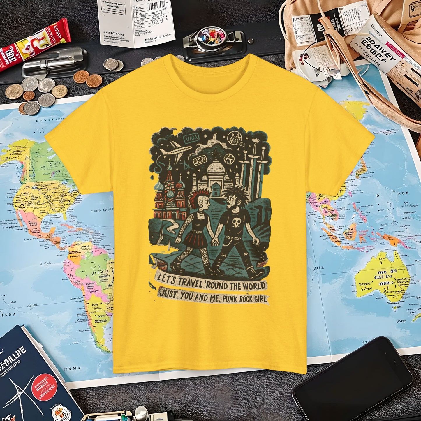 Let’s Travel 'Round the World, Just You and Me – Punk Rock Girl Global Adventure Tee Air Travel T-Shirts | Jetsetter, Airport, and International Flight Tees