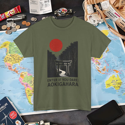 Scarlet Moon Torii – Aokigahara Forest Path Tee – Haunted Japan Travel Shirt | Layover Club Air Travel T-Shirts | Jetsetter, Airport, and International Flight Tees