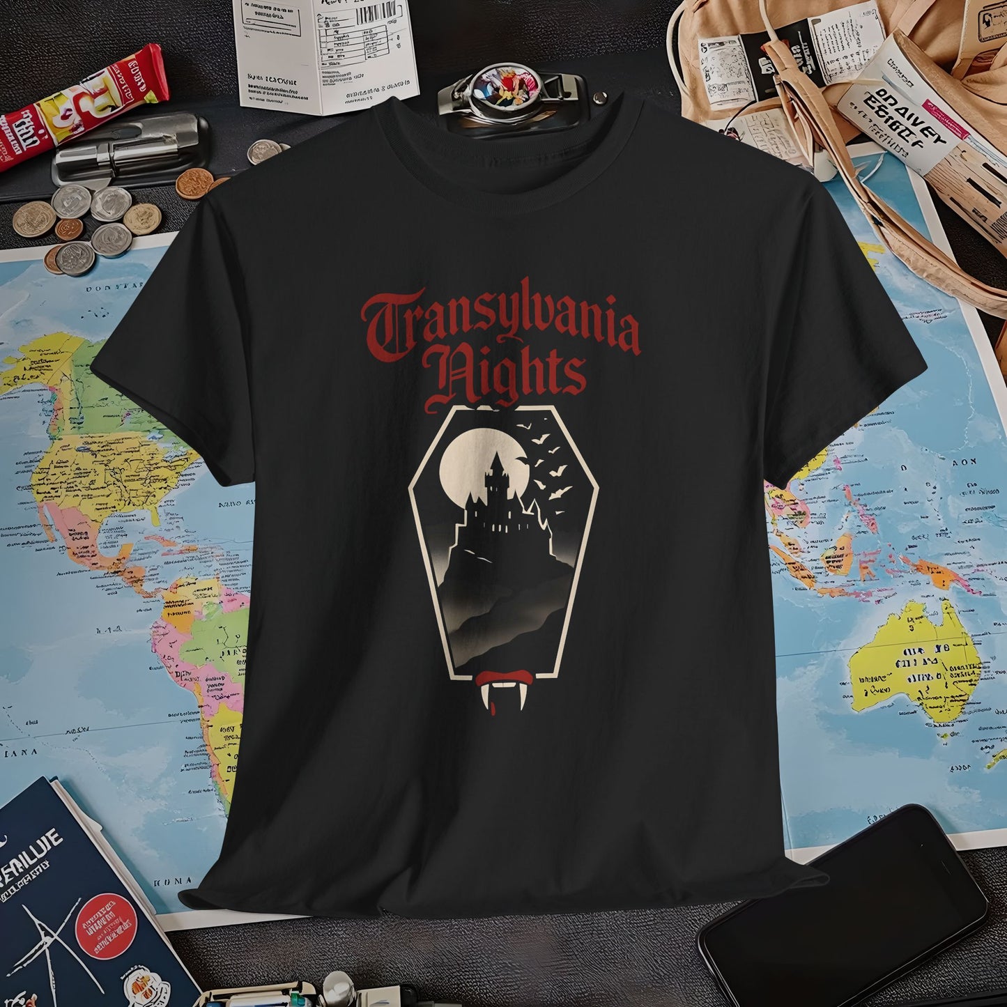 Transylvania Nights Gothic Castle Silhouette Tee – Dark Travel Romania Shirt | Layover Club Air Travel T-Shirts | Jetsetter, Airport, and International Flight Tees