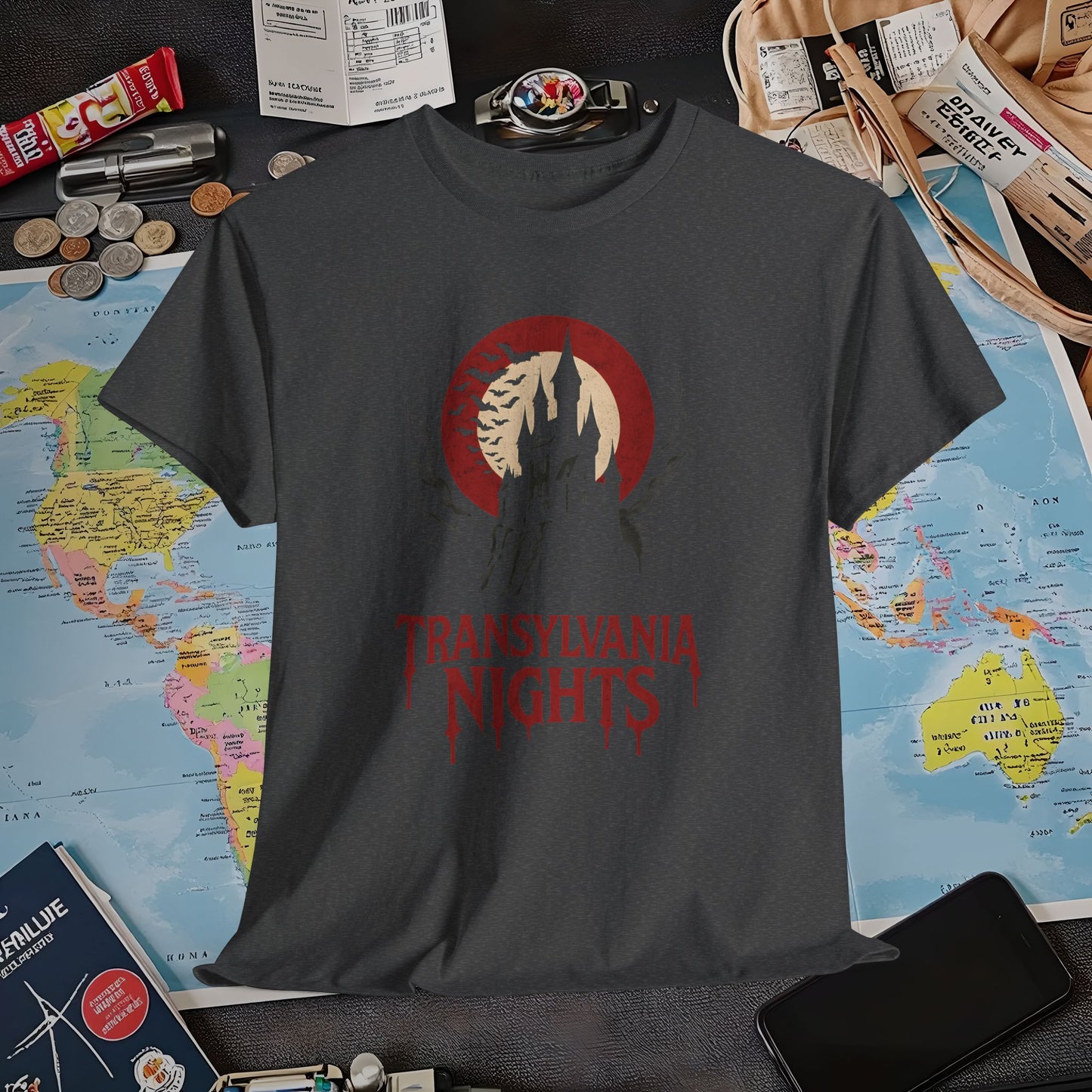 Gothic Transylvania Castle under Crimson Moon Tee – Dark Travel Romania Shirt | Layover Club Air Travel T-Shirts | Jetsetter, Airport, and International Flight Tees