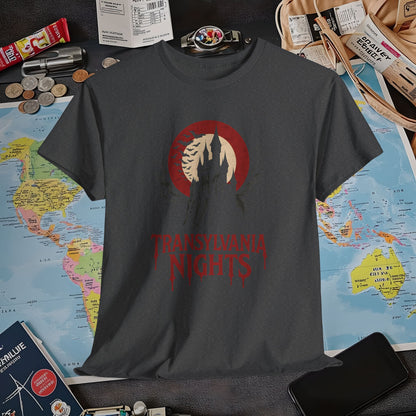 Gothic Transylvania Castle under Crimson Moon Tee – Dark Travel Romania Shirt | Layover Club Air Travel T-Shirts | Jetsetter, Airport, and International Flight Tees