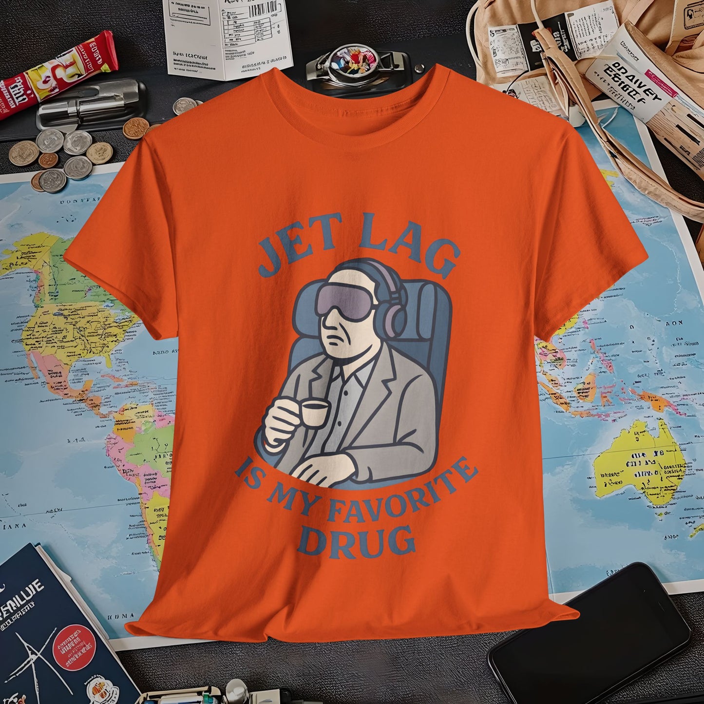 Jet Lag Is My Favorite Drug – Vintage Espresso & Travel Vibes Tee Air Travel T-Shirts | Jetsetter, Airport, and International Flight Tees