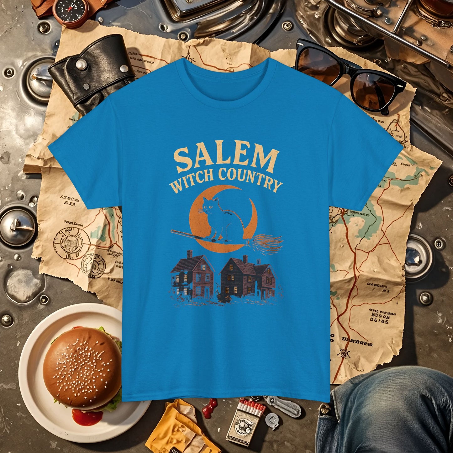 Salem Witch Country Black Cat & Moon Graphic Tee – Gothic Massachusetts Travel Shirt | Car, RV, and Motorcycle Adventure Tees