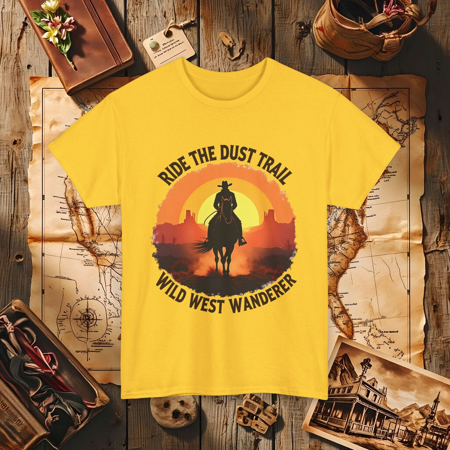 Ride the Dust Trail, Wild West Wanderer Western Travel T-Shirts | Desert, Ghost Town, and Cowboy-Inspired Adventure Tees
