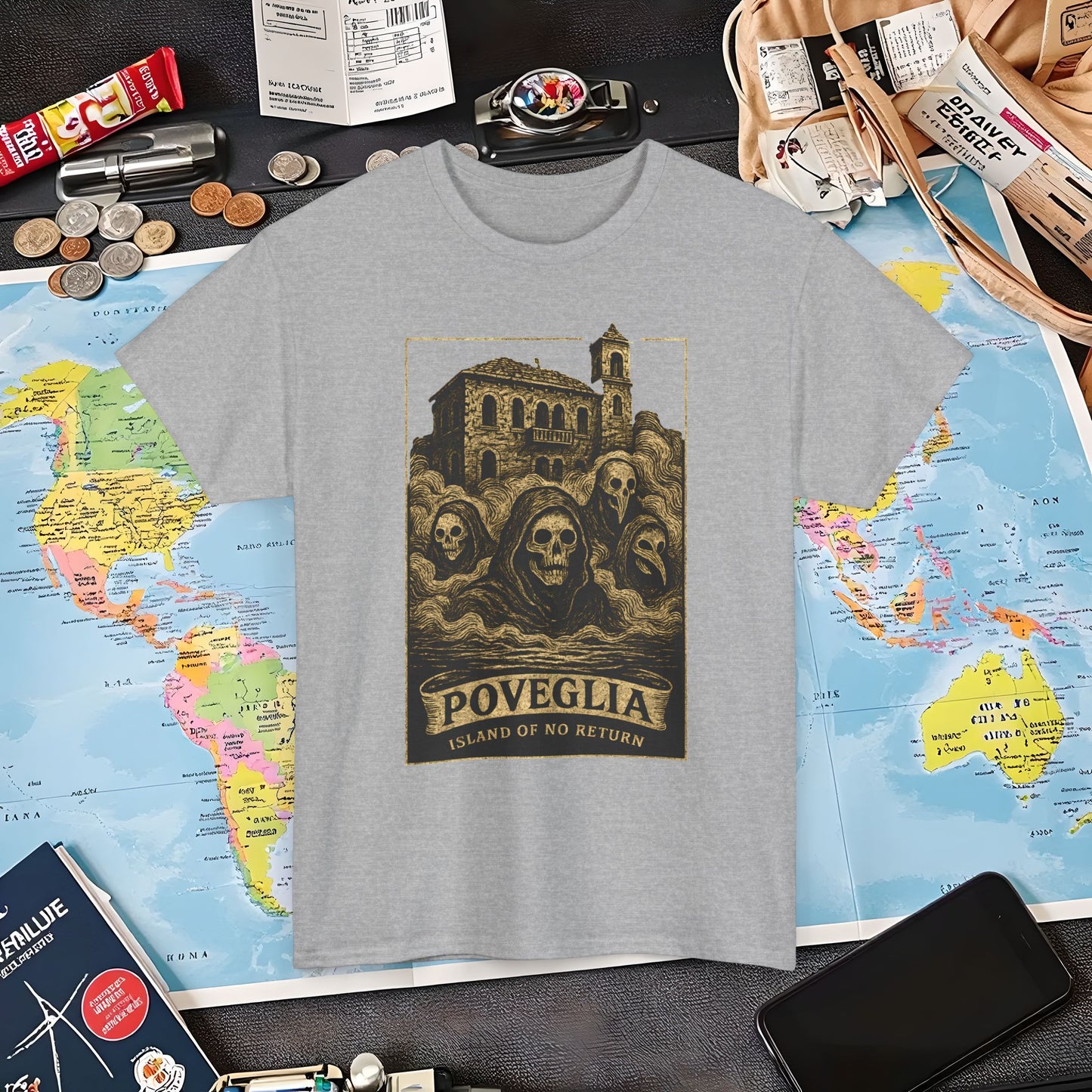 Poveglia Haunt – Ghostly Apparitions in Venetian Fog Tee – Haunted Italy Travel Shirt | Layover Club Air Travel T-Shirts | Jetsetter, Airport, and International Flight Tees