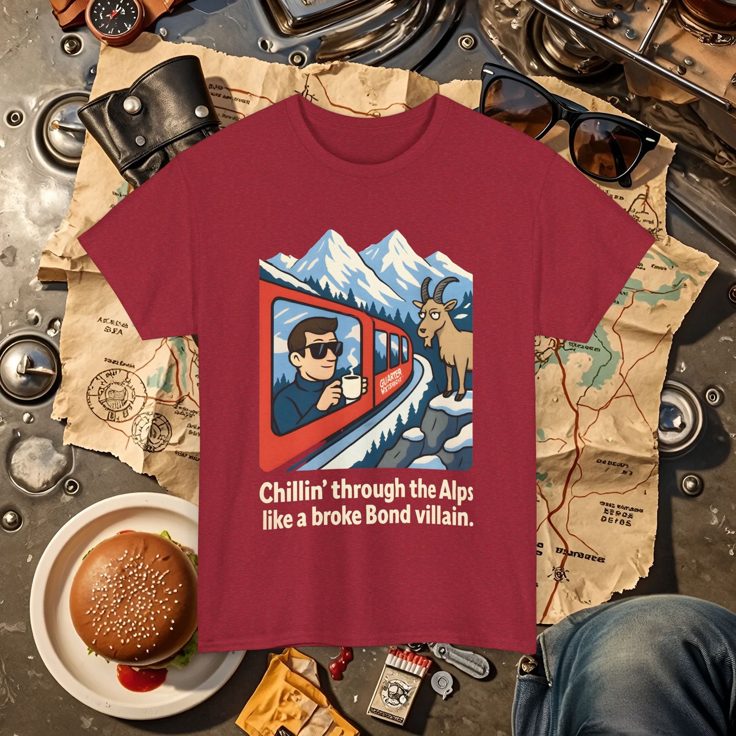 Glacier Express Chill Tee – Skeptical Goat in the Alps Vibe Road Trip & Vehicle Travel T-Shirts | Car, RV, and Motorcycle Adventure Tees