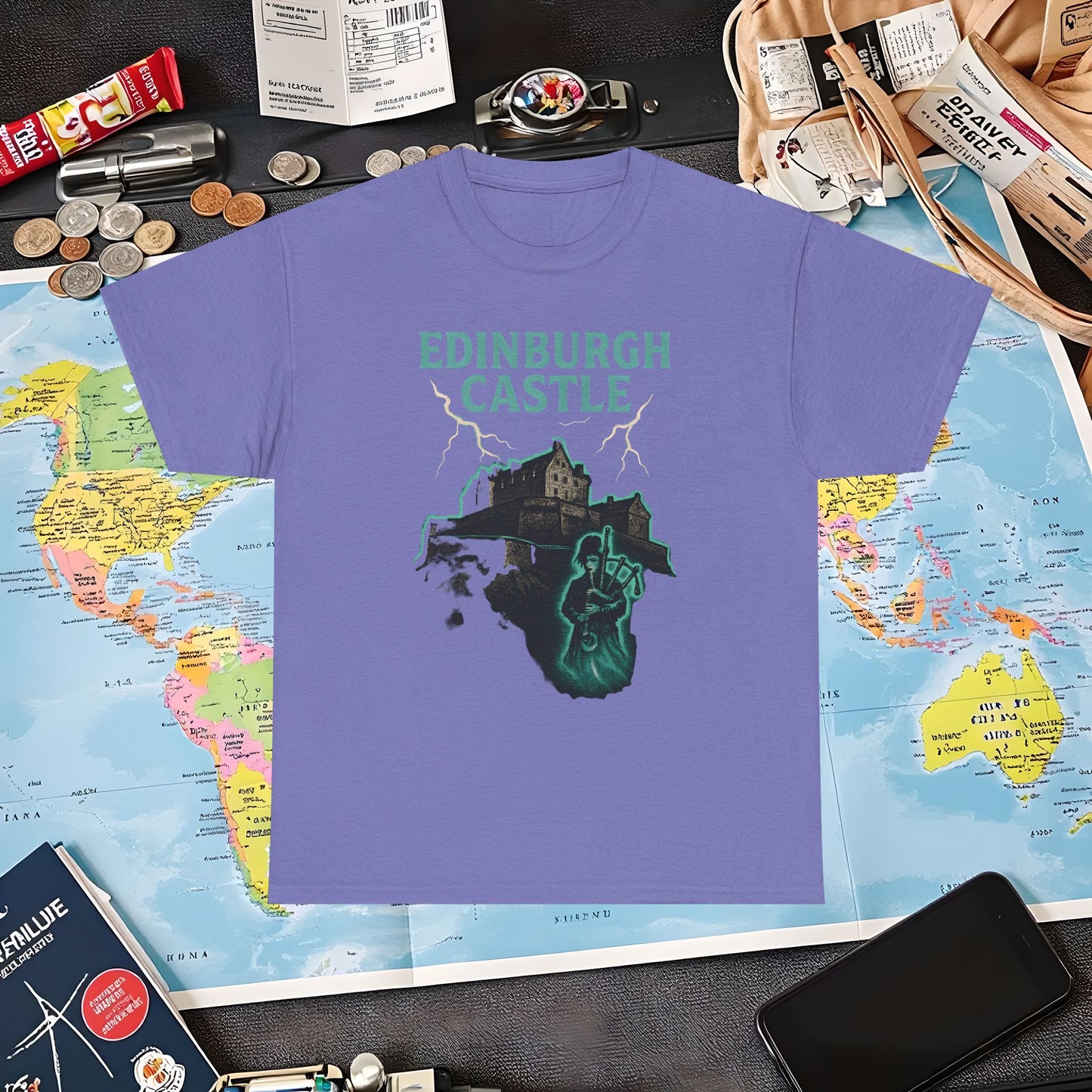 Ghostly Edinburgh Castle & Spectral Bagpiper Tee – Haunted Scotland Dark Tourism Shirt | Layover Club Air Travel T-Shirts | Jetsetter, Airport, and International Flight Tees