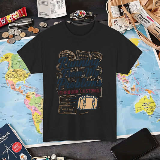 Running From My Problems Through Customs – Vintage Travel Quote Tee with Passport Stamps Air Travel T-Shirts | Jetsetter, Airport, and International Flight Tees