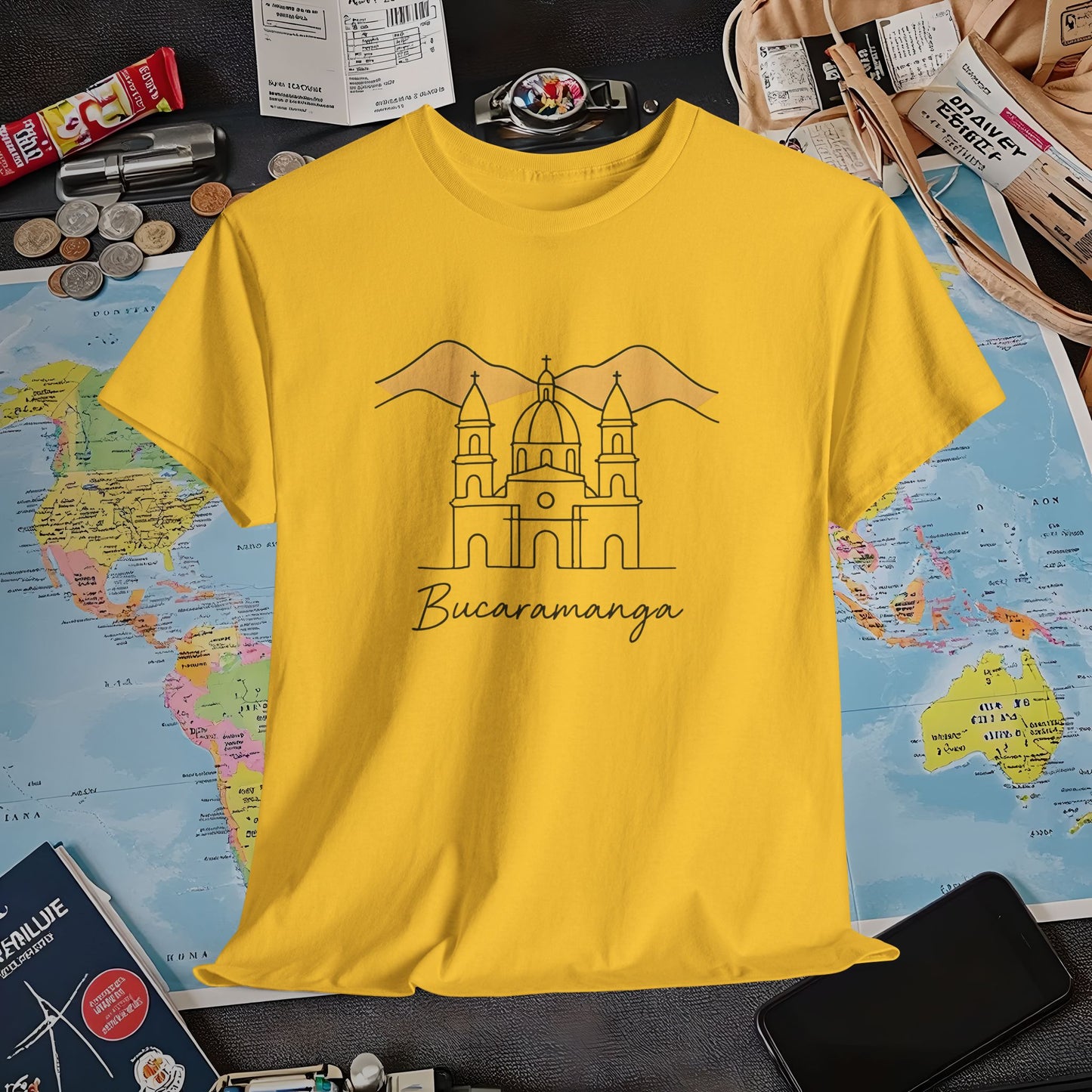 Bucaramanga Cathedral with Andes Silhouette – Vintage Colombia Travel Tee | Layover Club Air Travel T-Shirts | Jetsetter, Airport, and International Flight Tees