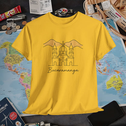 Bucaramanga Cathedral with Andes Silhouette – Vintage Colombia Travel Tee | Layover Club Air Travel T-Shirts | Jetsetter, Airport, and International Flight Tees