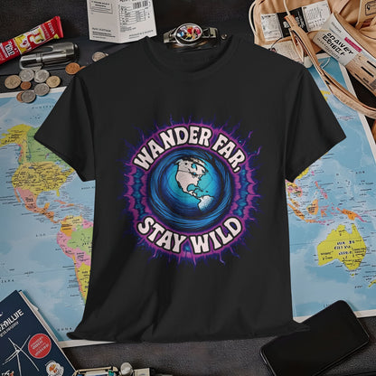Wander Far, Stay Wild T-Shirt – Globe Burst Adventure Design Air Travel T-Shirts | Jetsetter, Airport, and International Flight Tees
