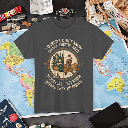 Tourists vs. Travelers – Vintage Compass Emblem Quote Tee | Layover Club Air Travel T-Shirts | Jetsetter, Airport, and International Flight Tees