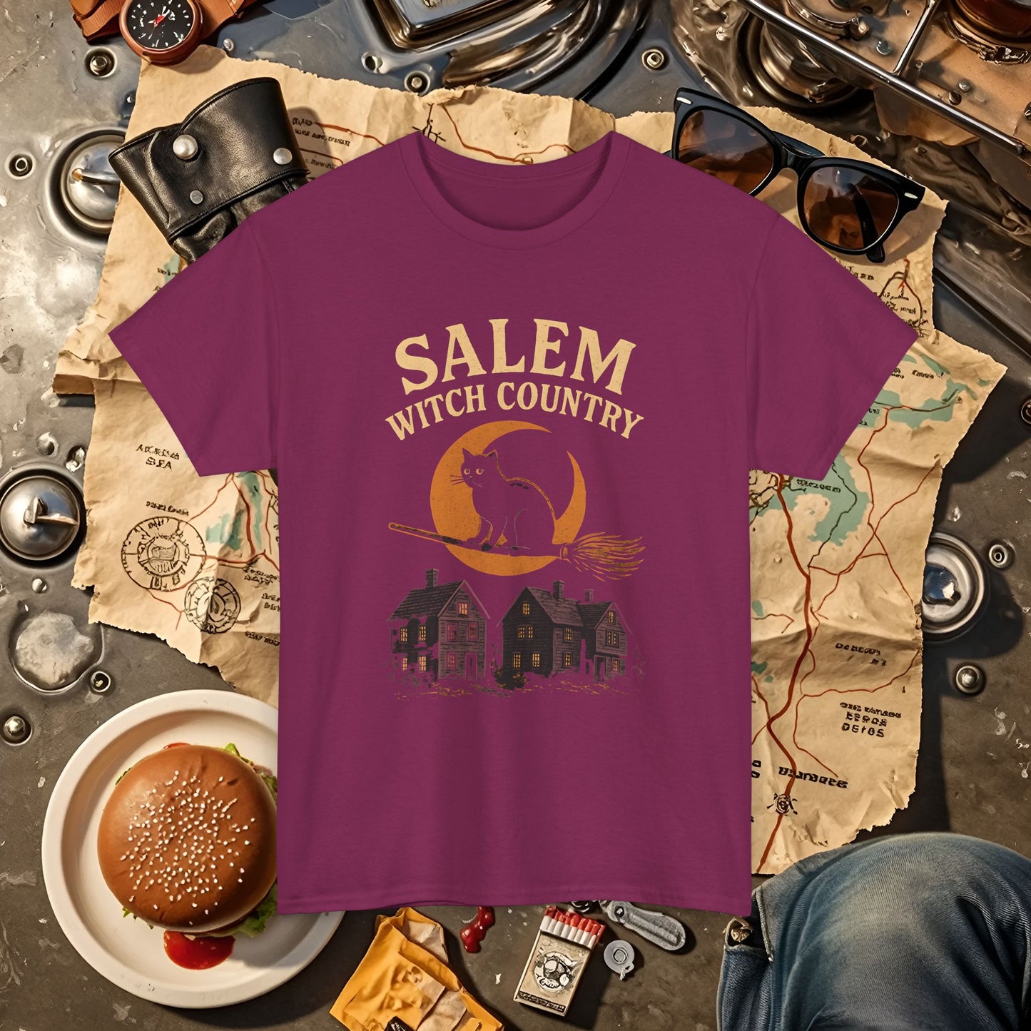 Salem Witch Country Black Cat & Moon Graphic Tee – Gothic Massachusetts Travel Shirt | Car, RV, and Motorcycle Adventure Tees