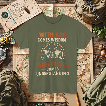 With Age Comes Wisdom, With Travel Comes Understanding Tee – Explorer Compass Design | Camping, Hiking, Rafting & Kayaking Tees for Nature Lovers