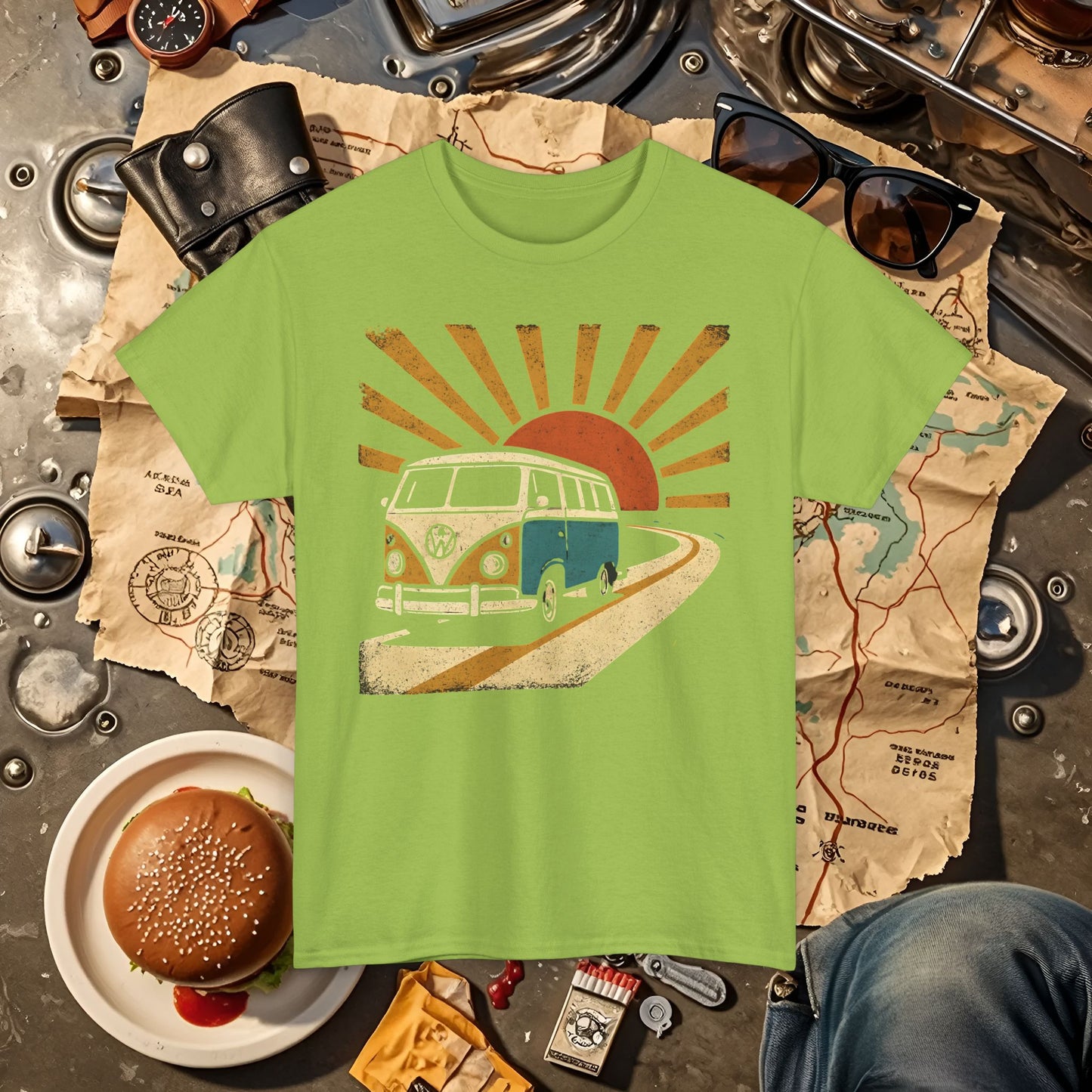 Sunset Road Trip T-Shirt – Vintage VW Van Adventure Design
